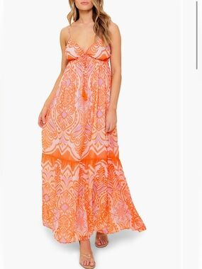 Flying Tomato Boho Tassel Tie Drawstring V-Neck Flowing Maxi Dress• Large